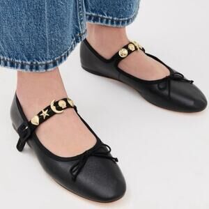 NWOB Loeffler Randall Chiara Mary Jane Flats in Black Leather SZ 8
